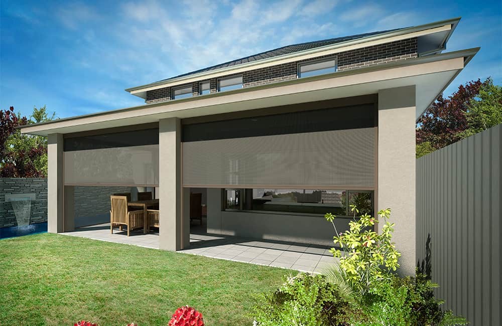 Two recessed patio screens mounted between structural columns.